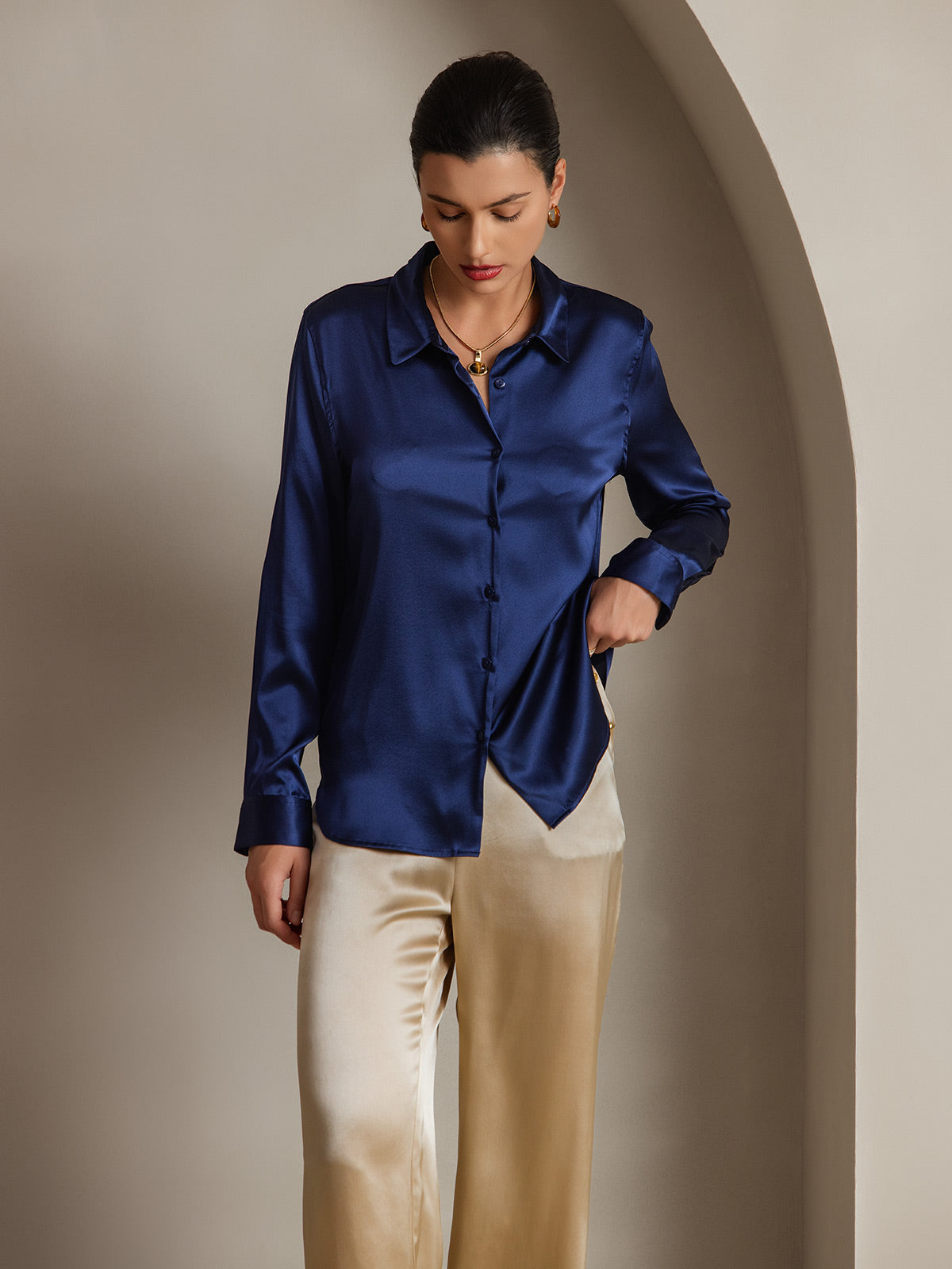 [Dark Blue] SilkSilky-UK Silk Long Sleeve Collar Women's Shirt 003