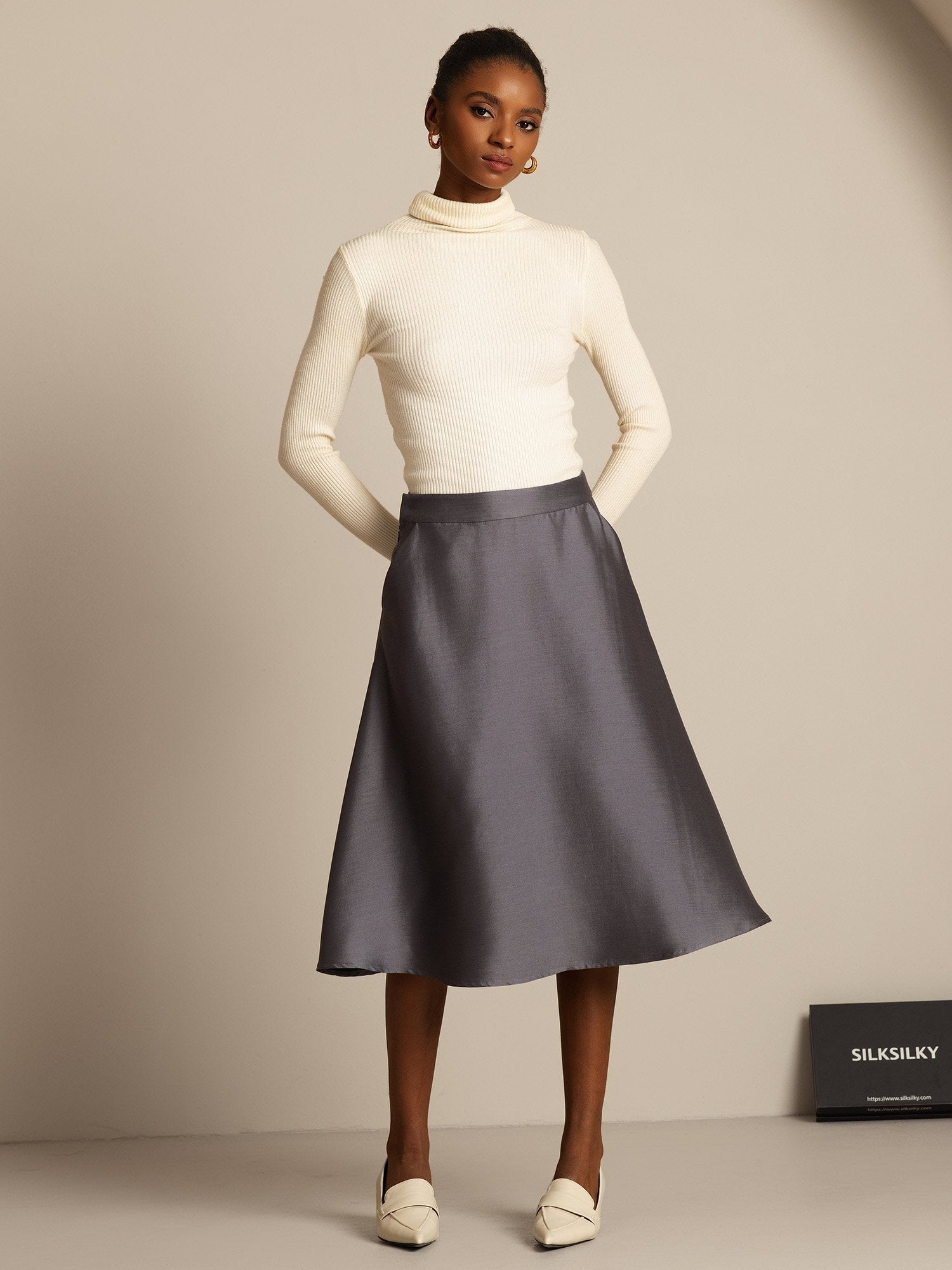 [Gray] SilkSilky-UK 32Momme Silk-Wool Blend Skirt 008,