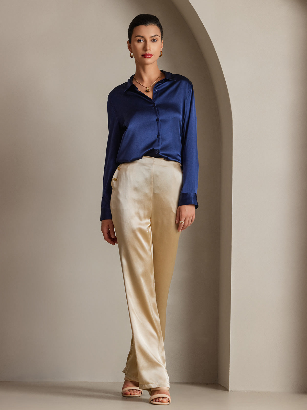 [Dark Blue] SilkSilky-UK Silk Long Sleeve Collar Women's Shirt 003