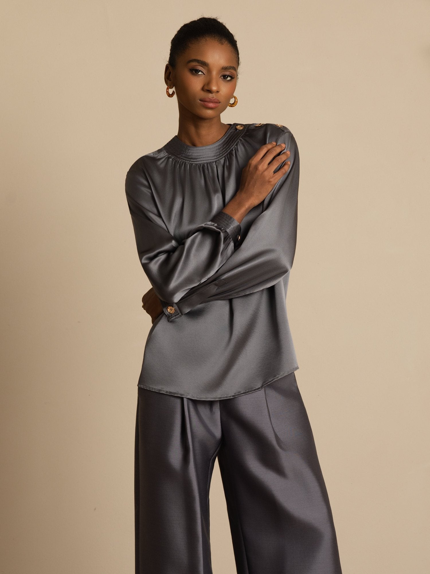 [DarkGray] SilkSilky-UK 19Momme Silk Long Sleeve Round Neck Blouse 005