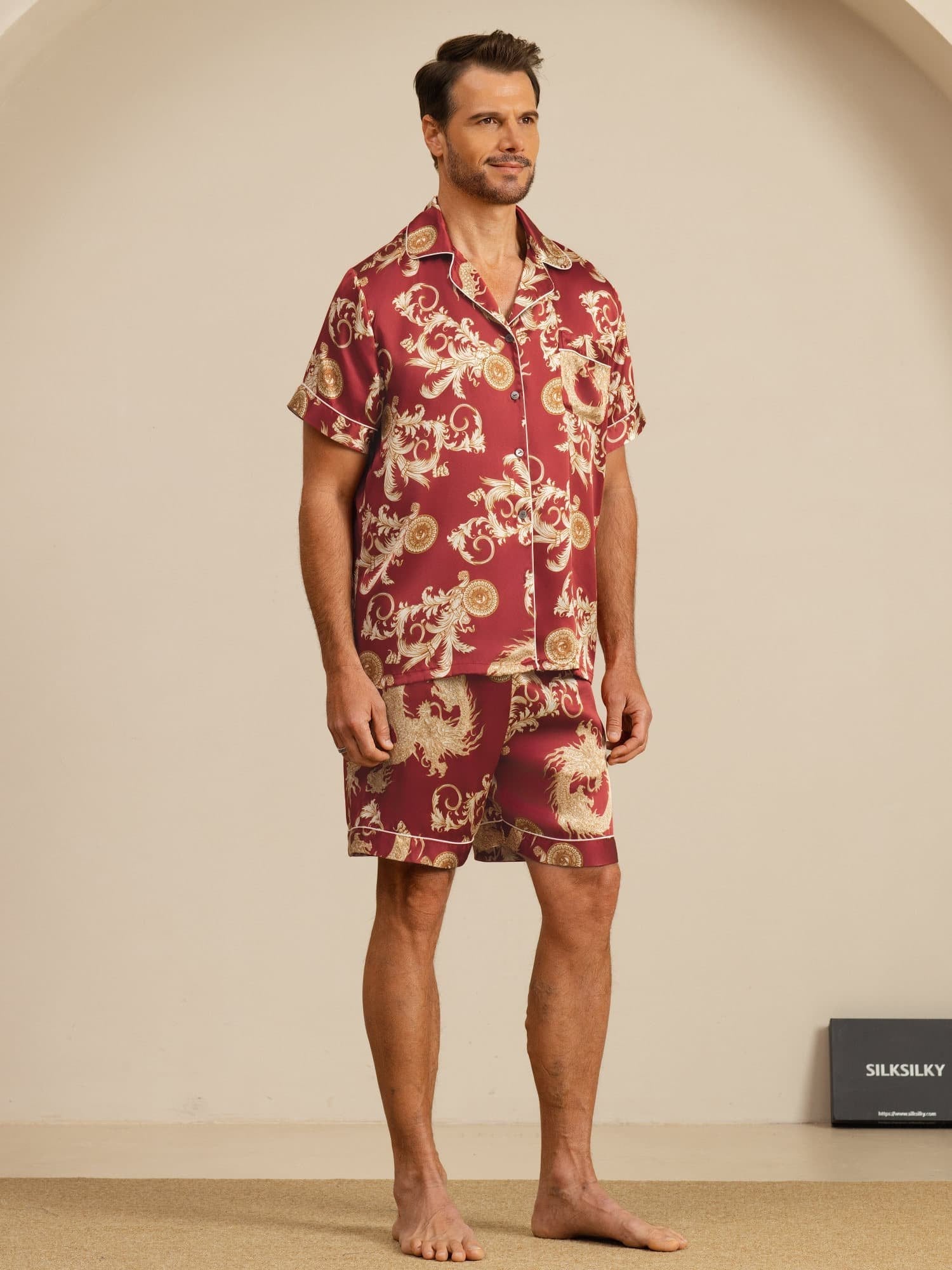 [Wine Dragon] SilkSilky-UK Short Sleeve Notch Collar Men's Pyjamas 006