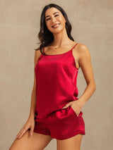 [Wine] SilkSilky-UK 19Momme Machine-Washable Silk Spaghetti Strap Round Neck Camisole Set 006