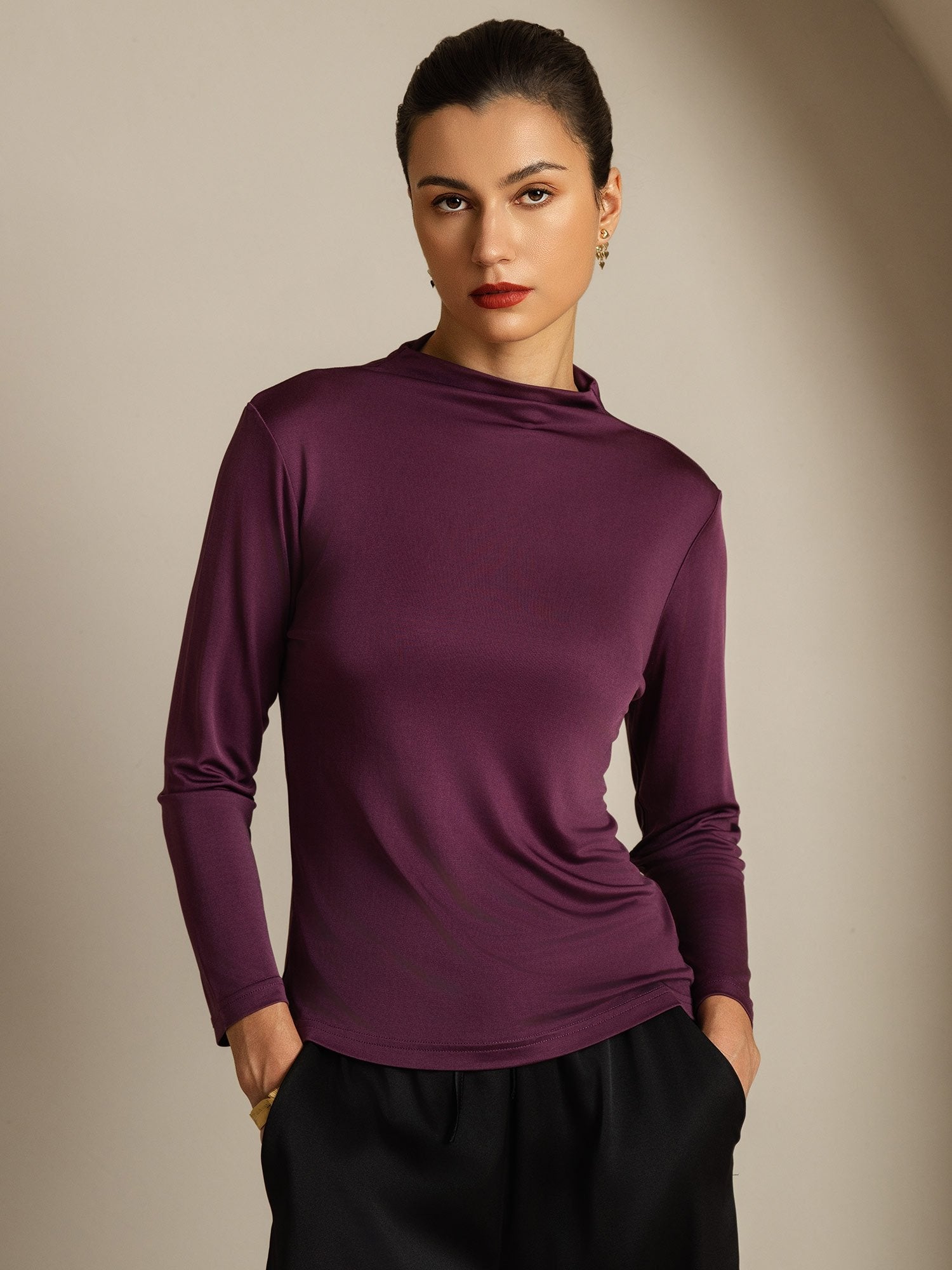 [Purple] SilkSilky-UK Pure Silk Mock Women's T-Shirt 001