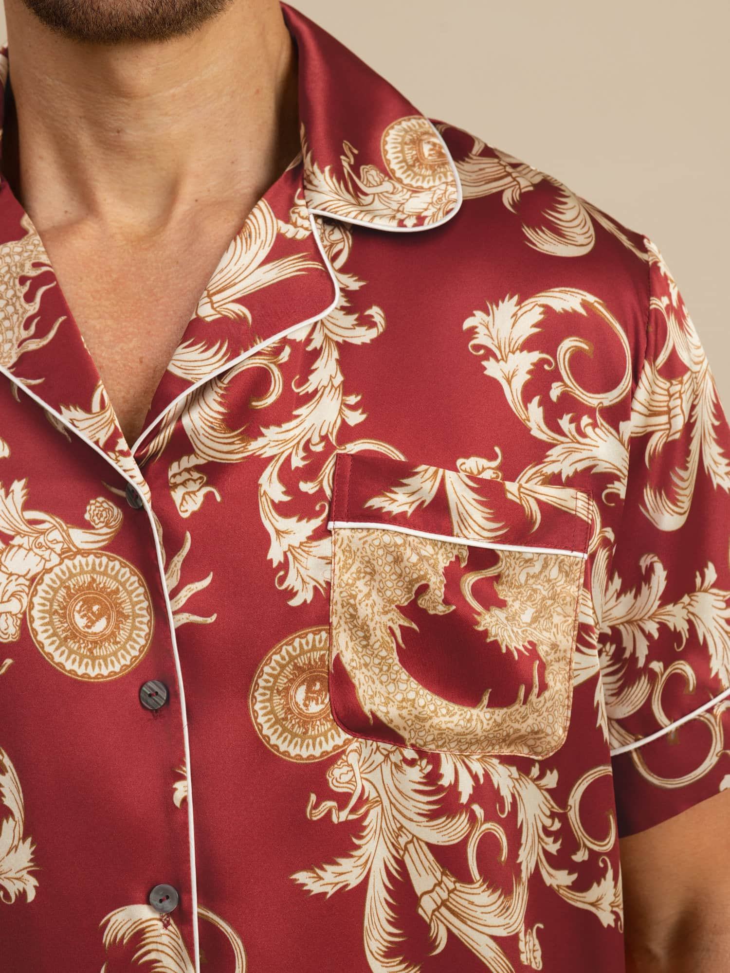 [Wine Dragon] SilkSilky-UK Short Sleeve Notch Collar Men's Pyjamas 002