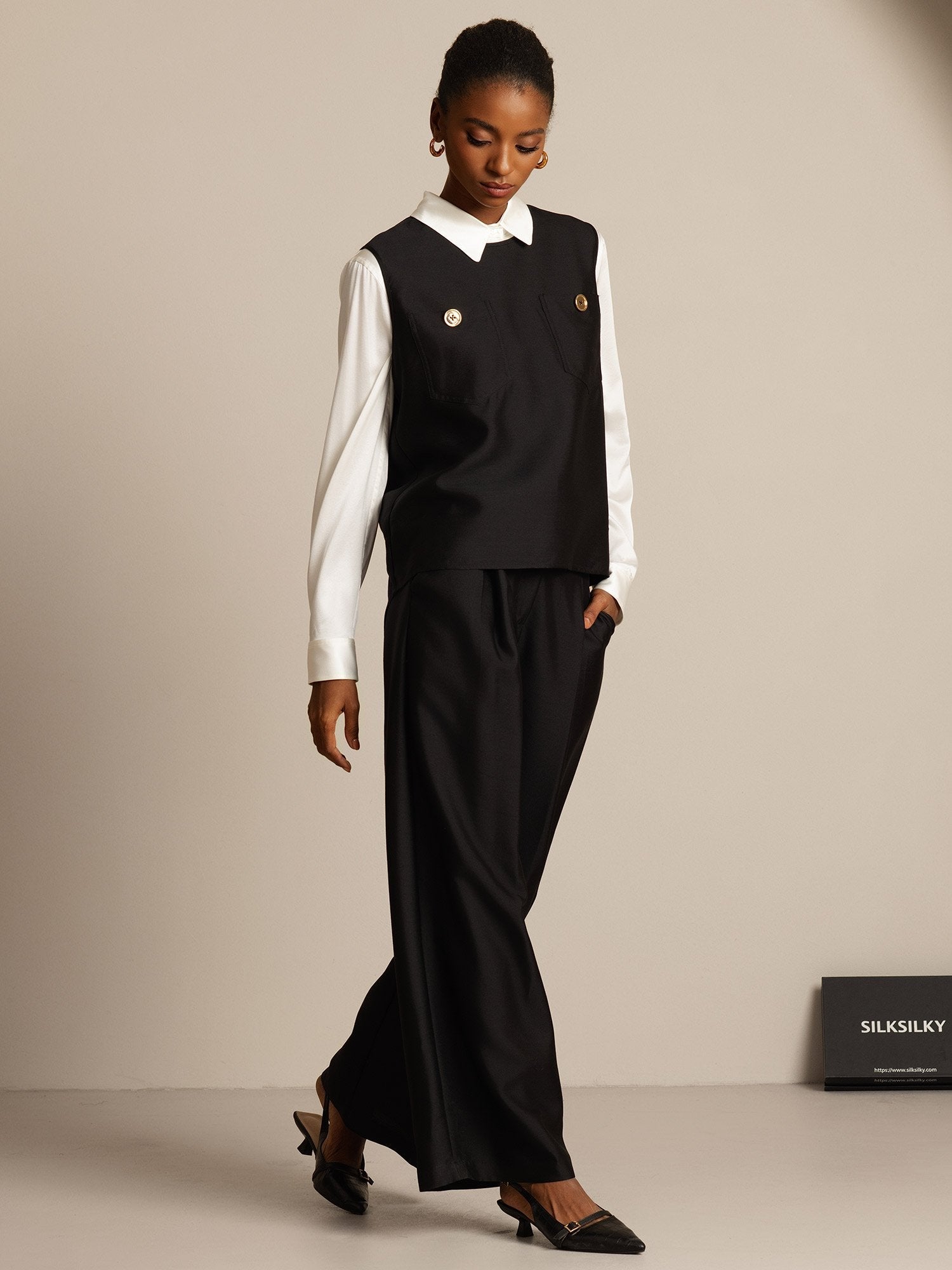 [Black] SilkSilky-UK 32Momme Silk-Wool Blend Womens Vest 006,