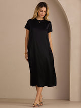 [Black] SilkSilky-UK Short Sleeve Round Neck Dress 003