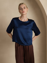 [Dark Blue] SilkSilky-UK Half Sleeve Scoop Neck Women's T-Shirt 001