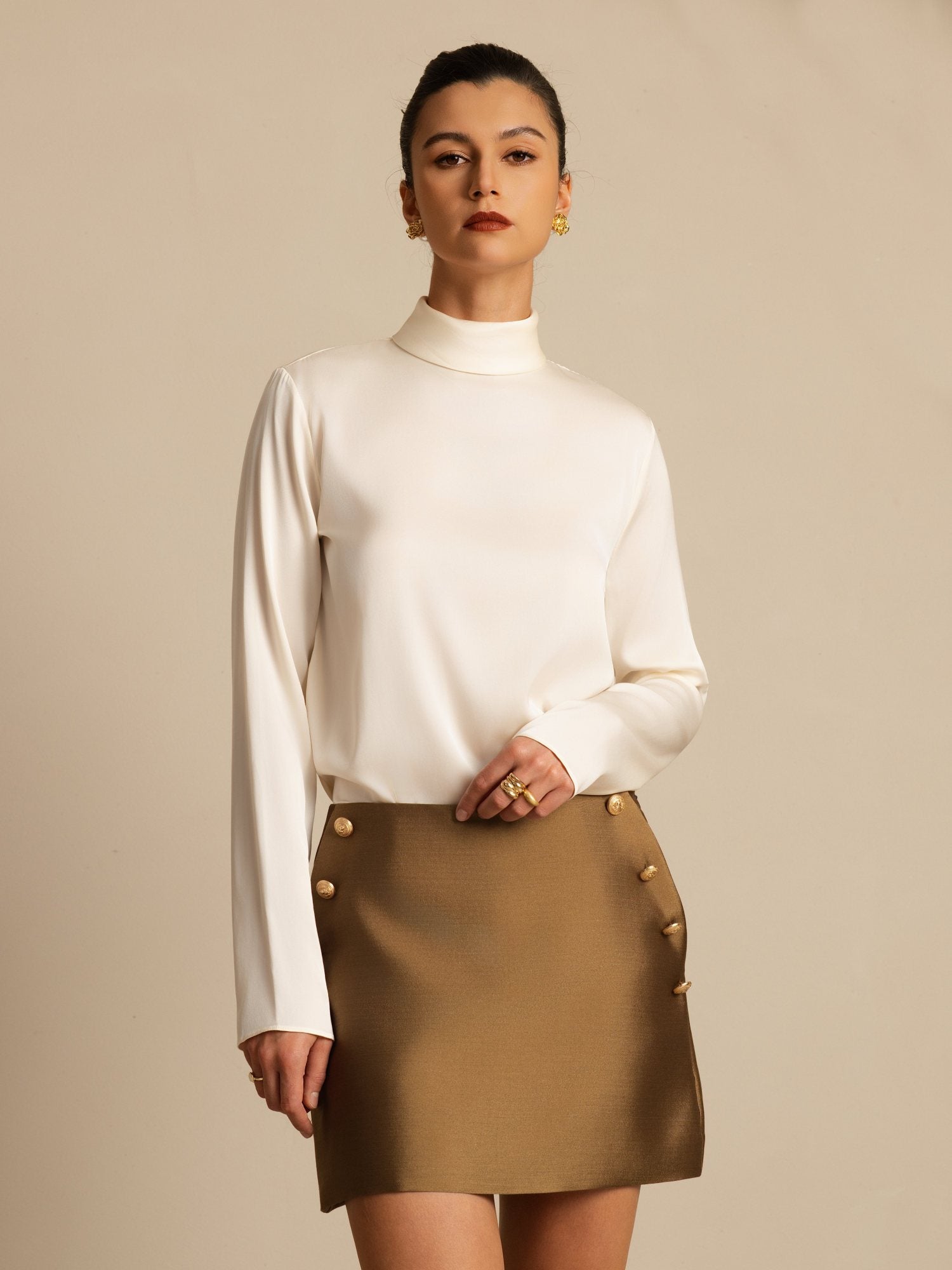 [Champagne] SilkSilky-UK 19Momme Silk Long Sleeve Turtle Neck Women's T-Shirt 005