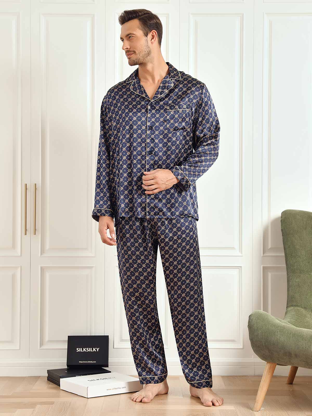 SilkSilky UK 19Momme Pure Silk Long Sleeve Lapel Men's Pyjamas DarkBlue 006