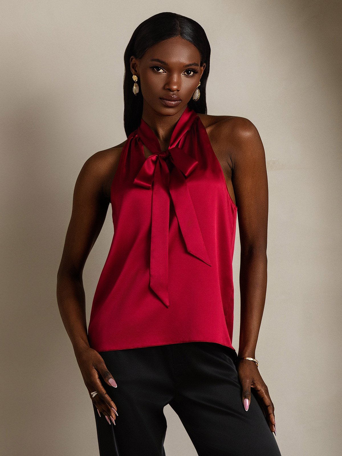 SilkSilky-UK 19Momme Silk Sleeveless Tie Neck Women's Shirt Wine 001