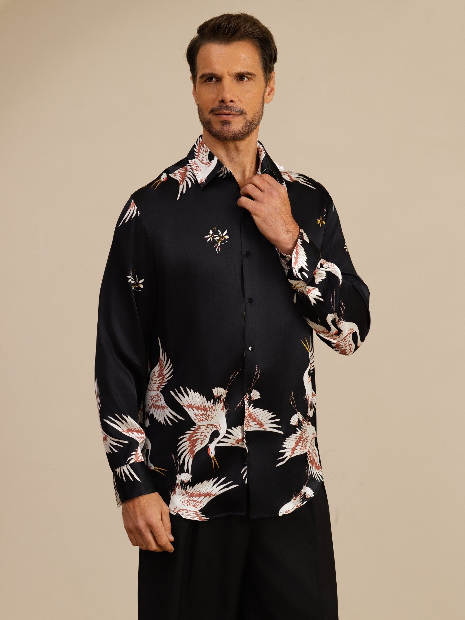 [Black] SilkSilky-UK 19Momme Long Sleeve Lapel Collar Men's Shirt 005