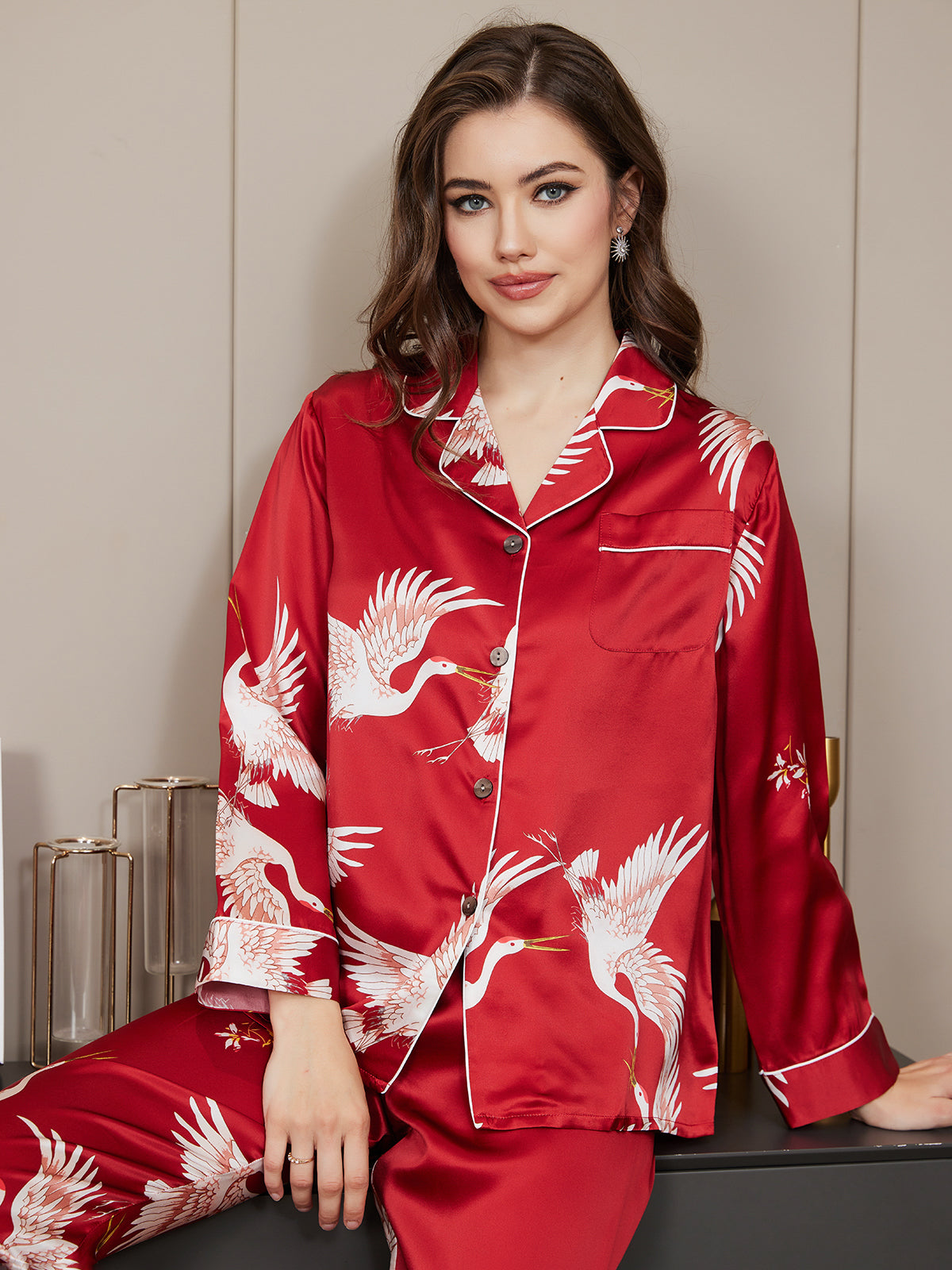 SilkSilky-UK 19Momme Pure Silk Long Sleeve Lapel Women's Pyjamas DarkRed 005