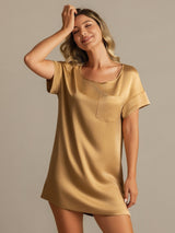 [Tan] SilkSilky-UK 19Momme Machine-Washable Silk Short Sleeve Round Neck Nightdress 007