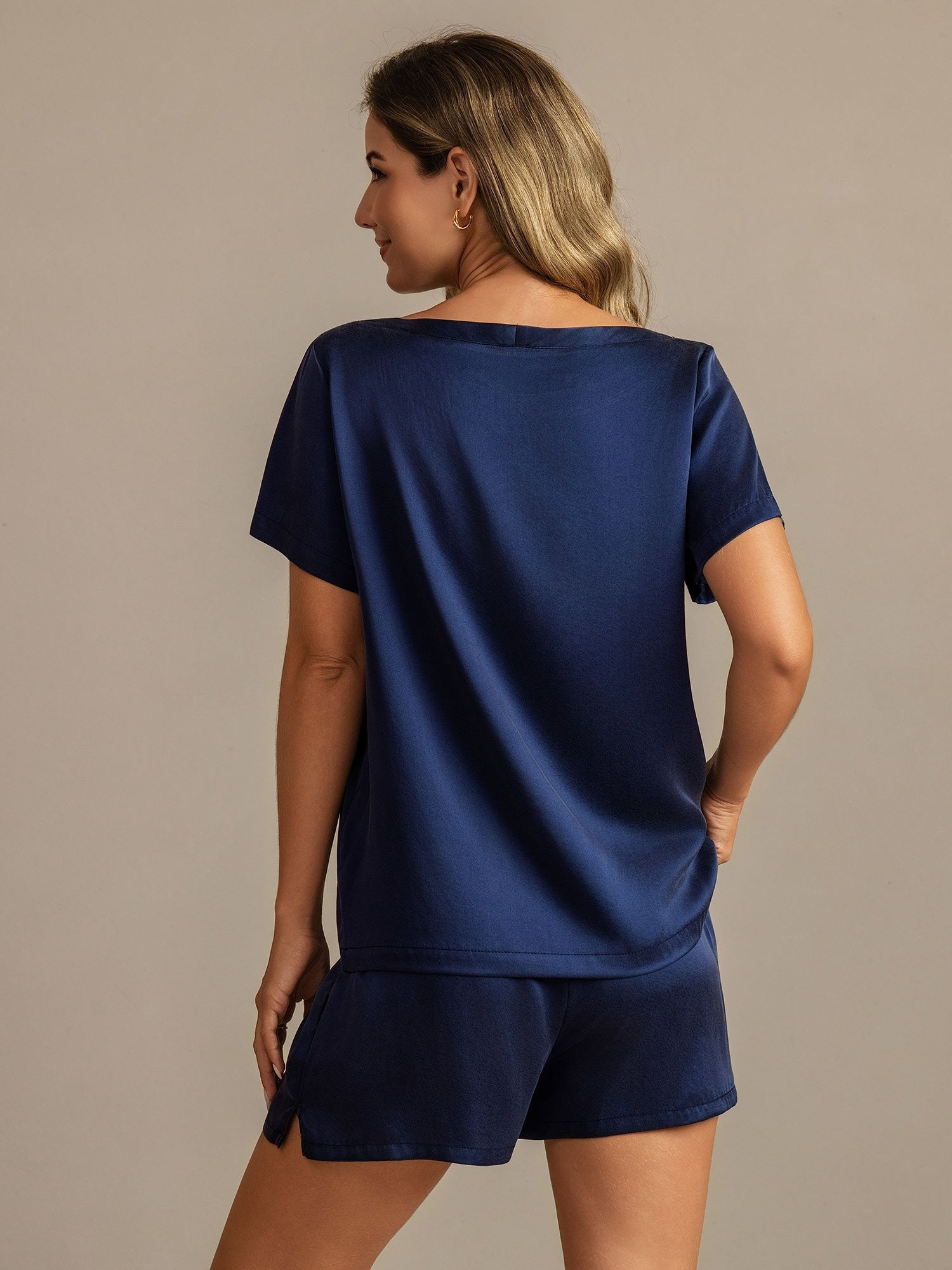 [Dark Blue] SilkSilky-UK 19Momme Machine-Washable Silk Short Sleeve Round Neck Women's Pyjamas 002