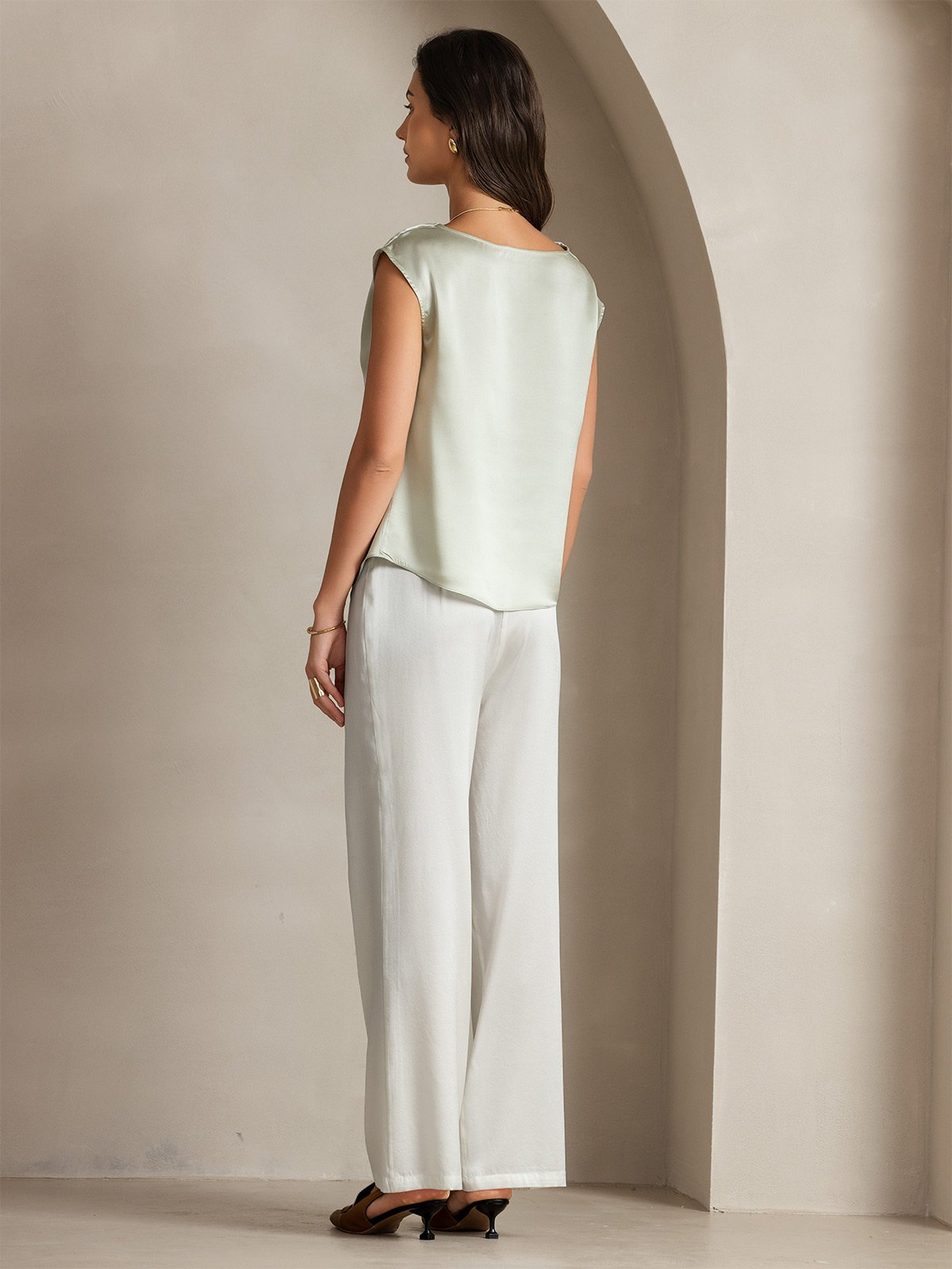 [Light Green] SilkSilky-UK 19Momme Silk Cap Sleeve Cowl Neck Women's T-Shirt 002