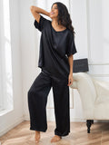 SilkSilky UK Pure Silk Short Sleeve V Neck Women's Pyjamas Black 001