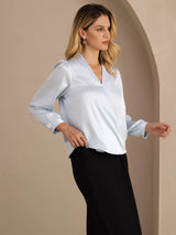 [Light Blue] SilkSilky-UK Long Sleeve Wrap Women's Blouse 004