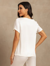 [White] SilkSilky-UK 19Momme Machine-Washable Silk Short Sleeve Women's Pyjamas 002