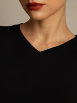 [Black] SilkSilky-UK 100% High-Twist Silk Jersey Short Sleeve V Neck Women's T-Shirt 004