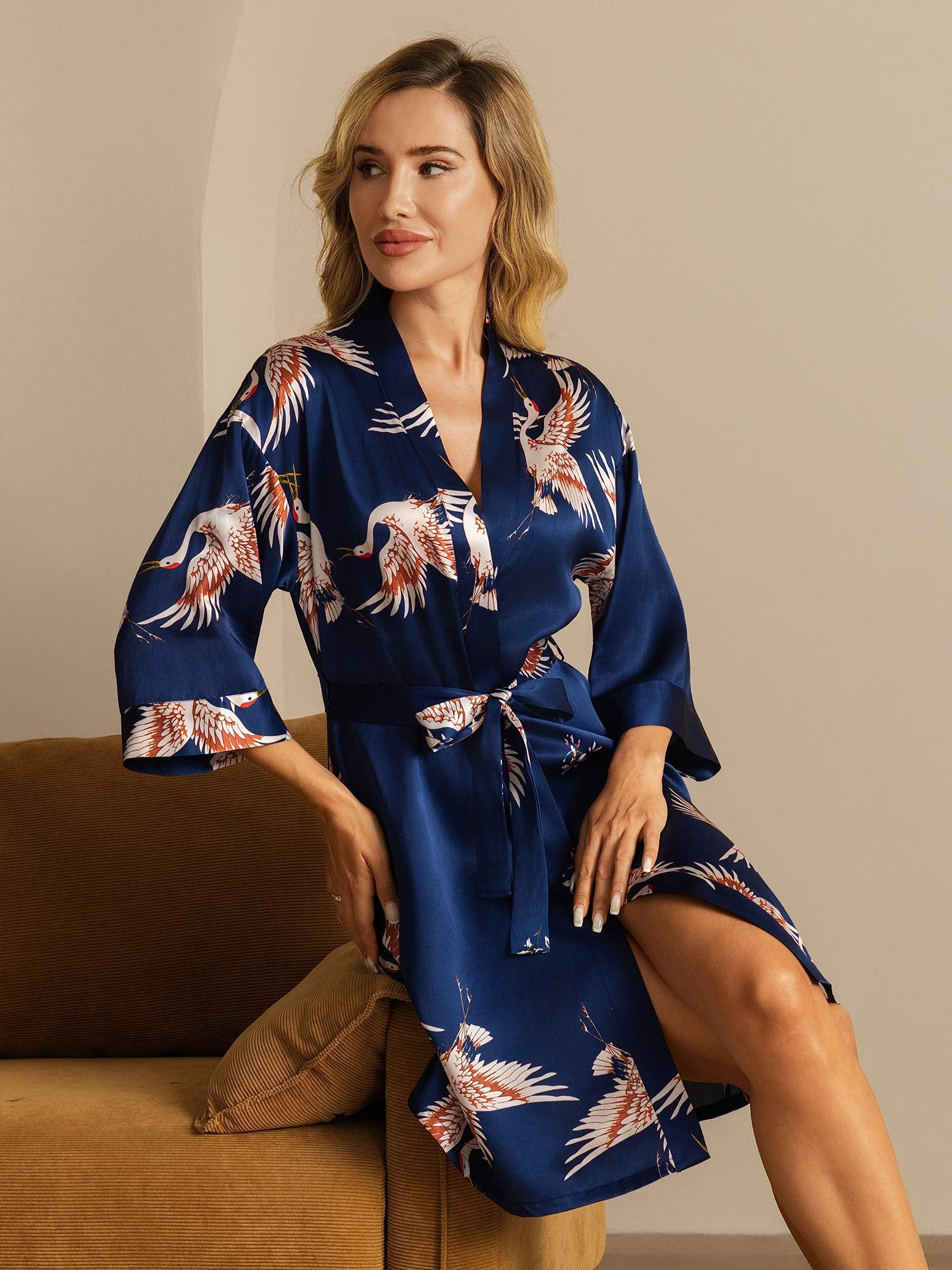 [DarkBlue] SilkSilky-UK 19Momme Pure Silk Wrap Women's Dressing Gown 001