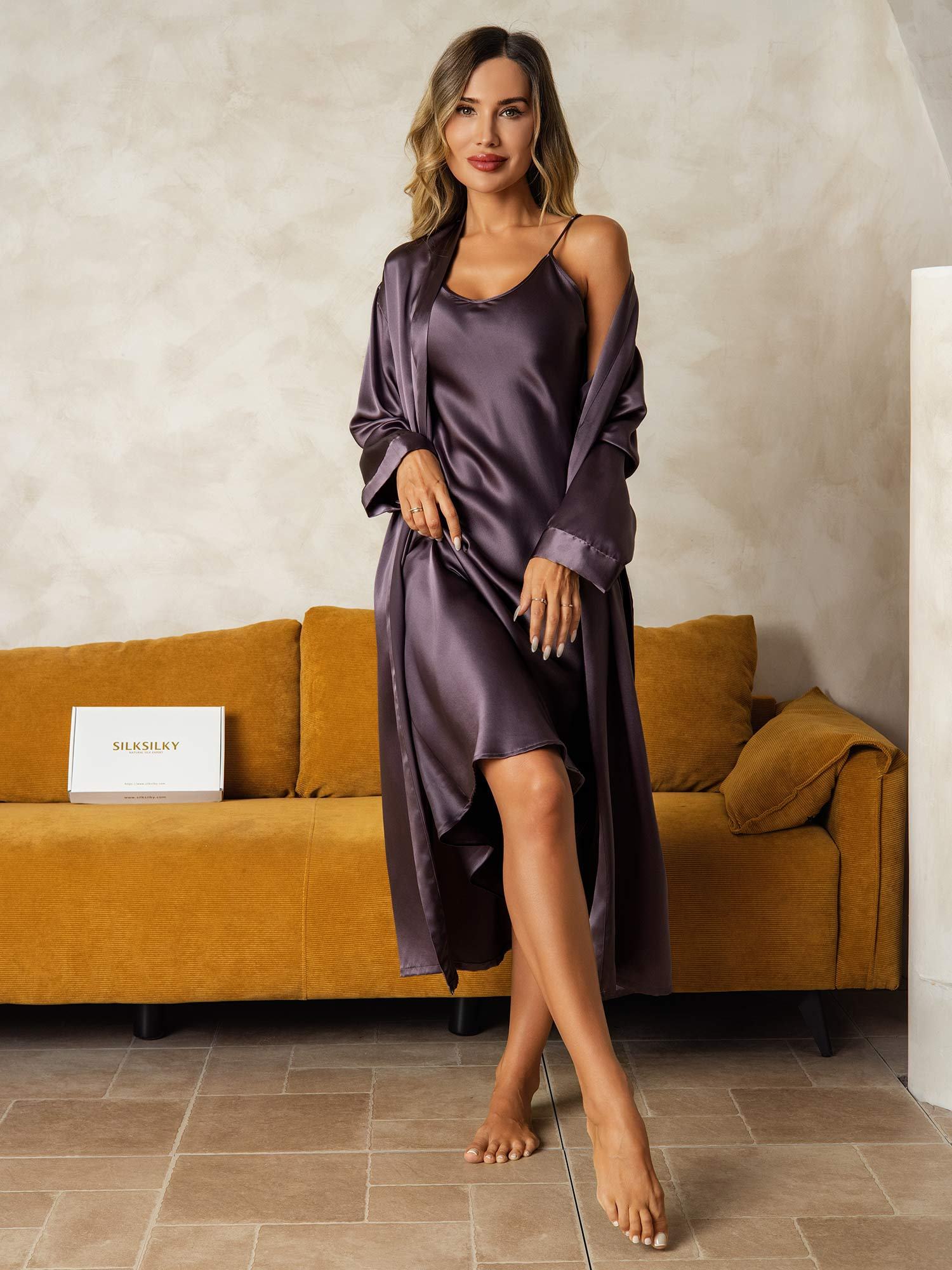 [Purple Gray] SilkSilky-UK Long Sleeve V Neck Nightdress&Dressing gowns 005