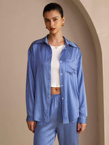 [Blue Pinstripe] SilkSilky-UK Long Sleeve Lapel Collar Women's Outfit Sets 004