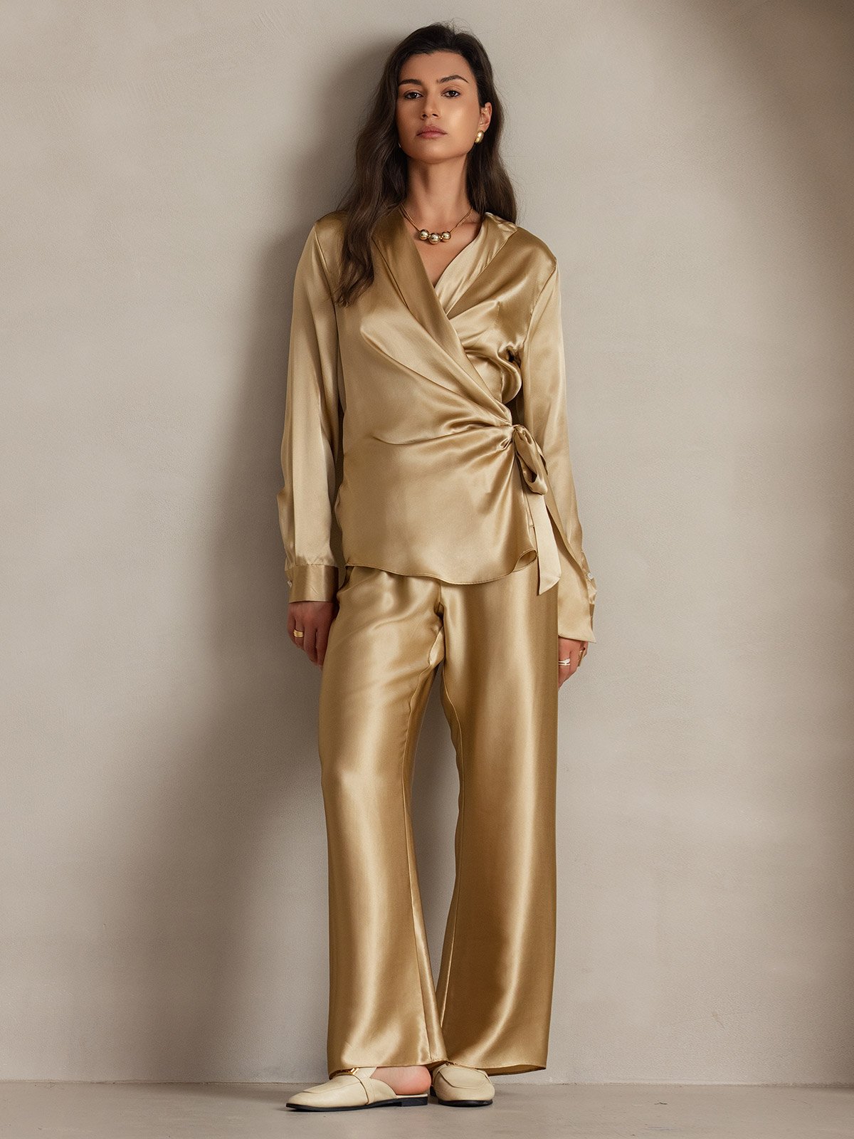 [Champagne] SilkSilky-UK 19Momme Silk Long Sleeve V Neck Women's Shirt 001