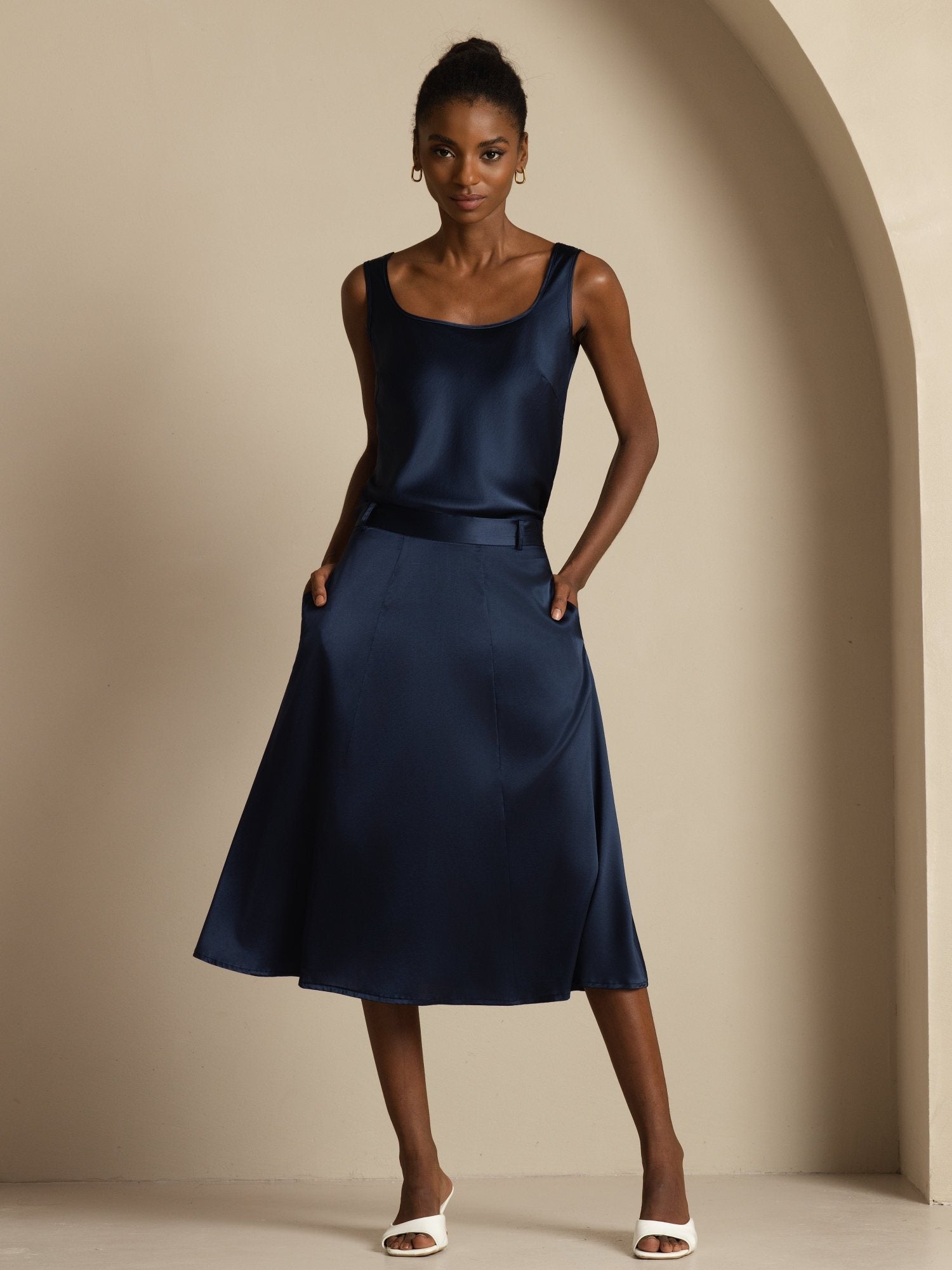 [Dark Blue] SilkSilky-UK 19Momme Stretch Silk Charmeuse Skirt 006