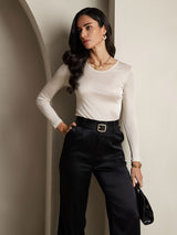 [Beige] SilkSilky-UK Silk Jersey Long Sleeve Round Neck Women's T-Shirt 006