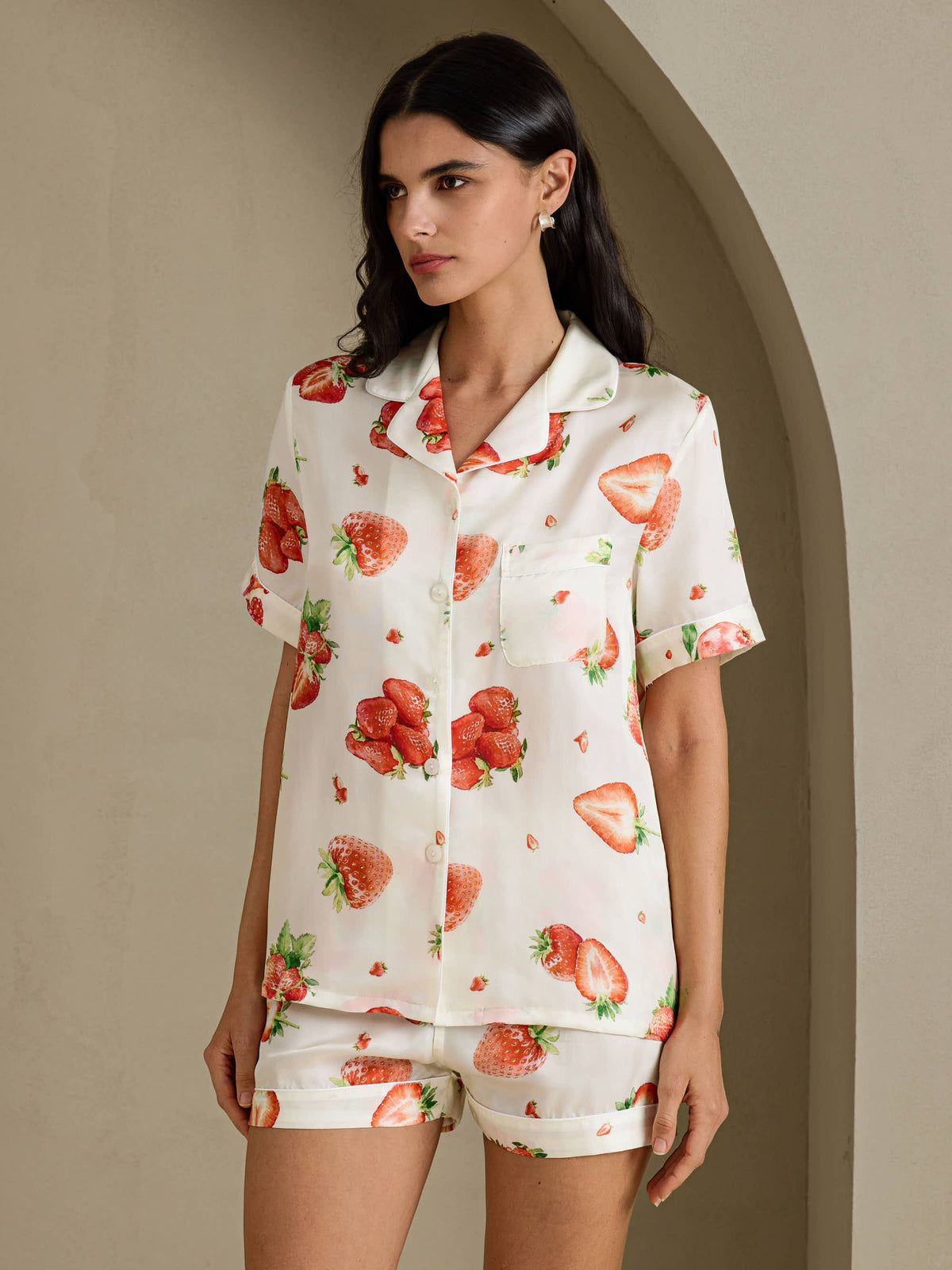 [White Strawberry] SilkSilky-UK Short Sleeve Notch Collar Women's Pyjamas 001