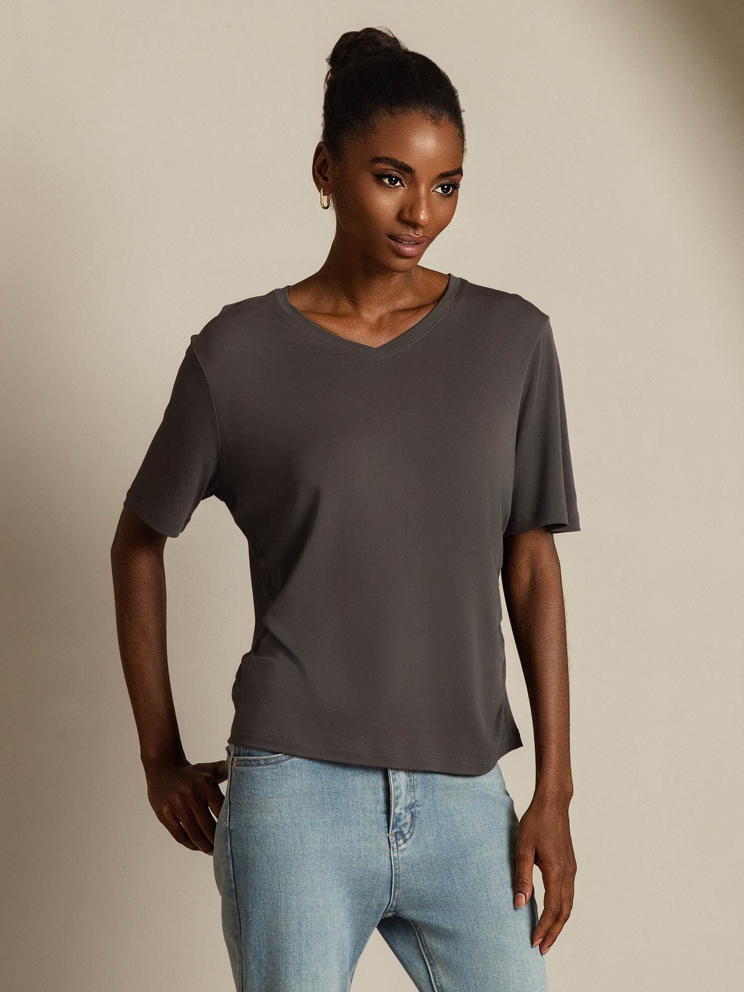 [Gray] SilkSilky-UK Pure Silk V Neck Women's T-Shirt 006
