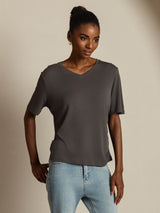 [Gray] SilkSilky-UK 100% High-Twist Silk Jersey Short Sleeve V Neck Women's T-Shirt 006