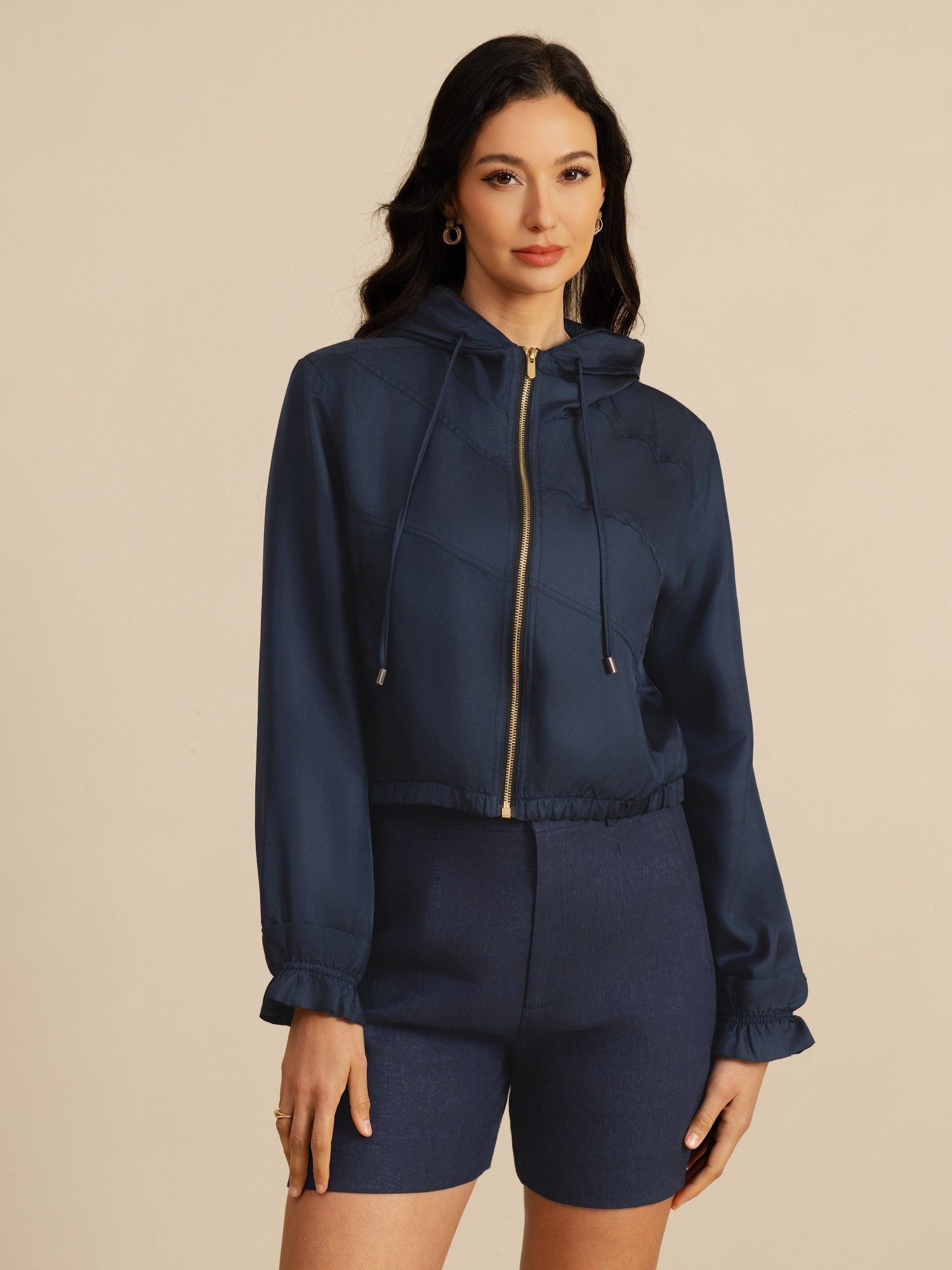 [DarkBlue] SilkSilky-UK 18Momme Silk Satin Surah Long Sleeve High Neck Women's Outerwear 004