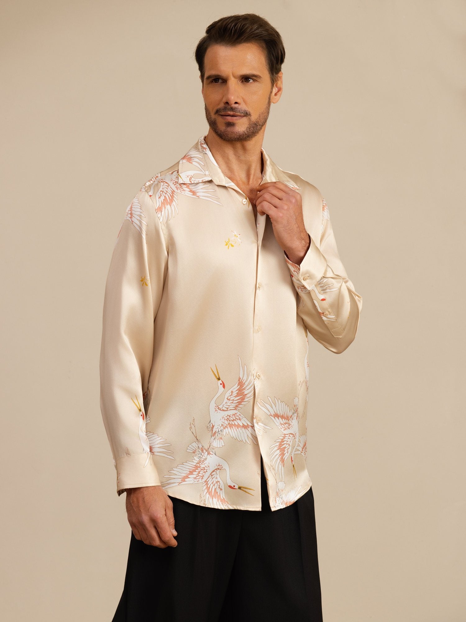 [Champagne] SilkSilky-UK 19Momme Long Sleeve Lapel Collar Men's Shirt 005