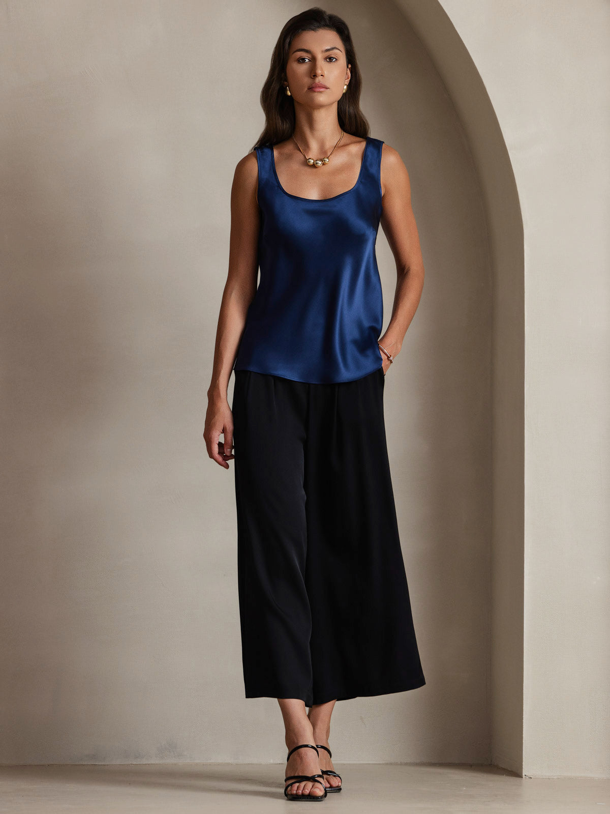 [Dark Blue] SilkSilky-UK 19Momme Silk Sleeveless U Neck Camisole 007