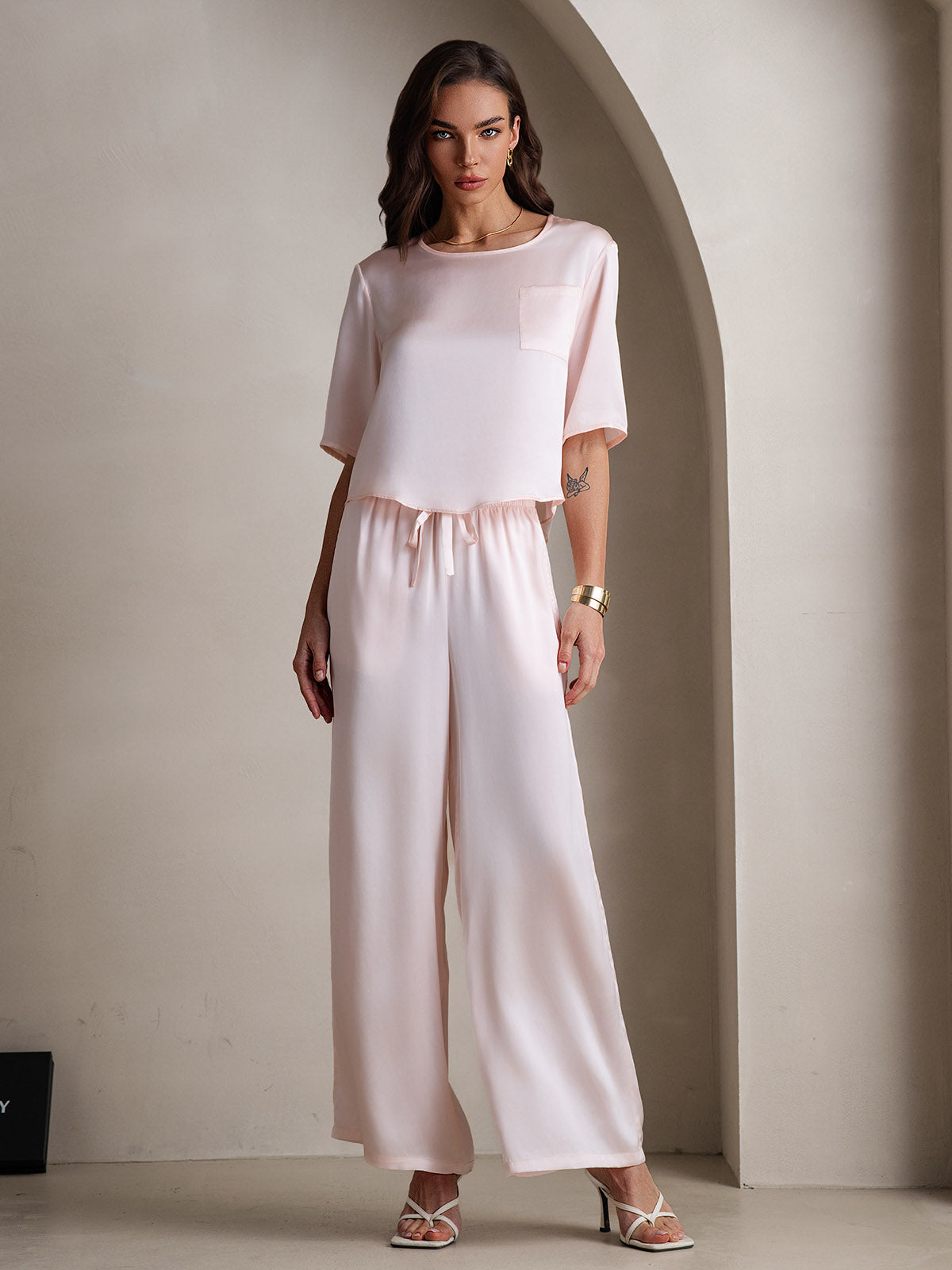 [Pink] SilkSilky-UK Pure Silk Round Neck Women's Pyjamas 001