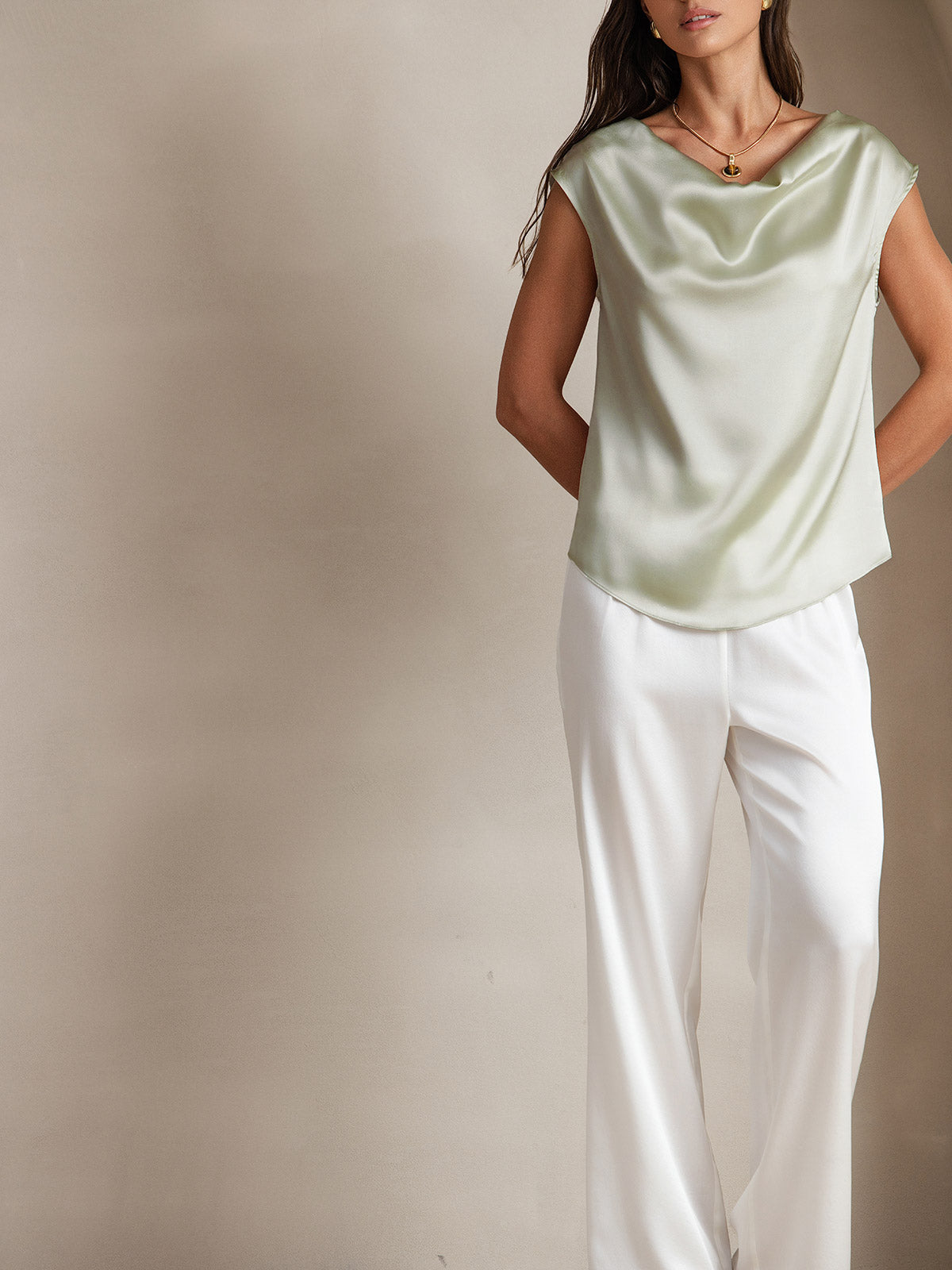 [Light Green] SilkSilky-UK 19Momme Silk Cap Sleeve Cowl Neck Women's T-Shirt 004