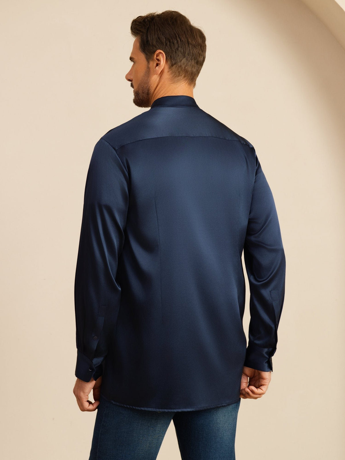[Dark Blue] SilkSilky-UK Long Sleeve Stand Collar Men''s Shirt 002