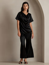 [Black] SilkSilky-UK Short Sleeve Cowl Neck Women's Blouse 003