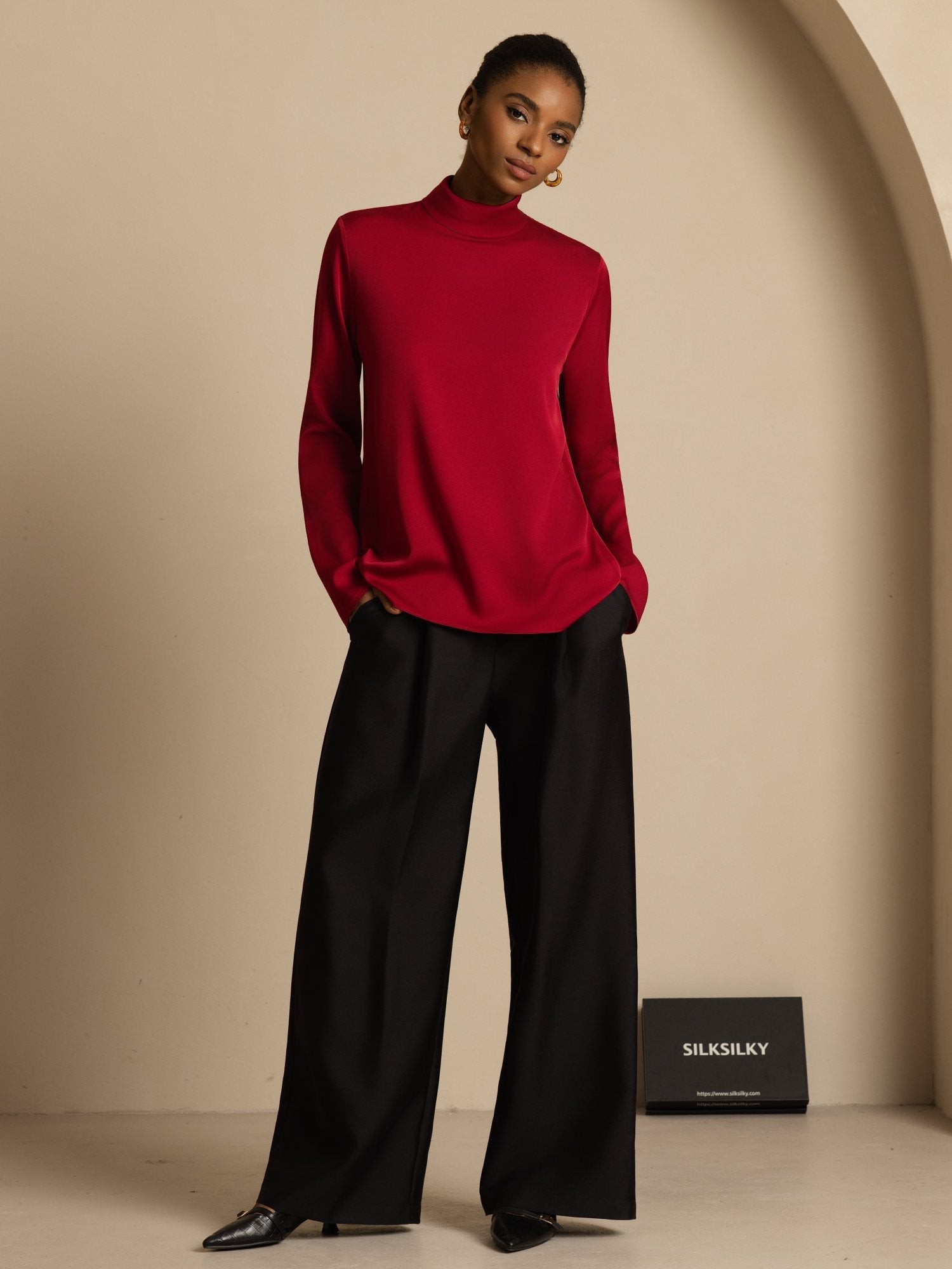 [Wine] SilkSilky-UK 19Momme Silk Long Sleeve Turtle Neck Women's T-Shirt 001