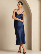 [Dark Blue] SilkSilky-UK Spaghetti Strap V Neck Dress 001