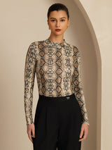 [Snakeskin] SilkSilky-UK 100% Silk Jersey Long Sleeve Mock Neck Women's T-Shirt 001