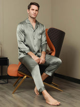 [Grayish Green] SilkSilky-UK Pure Silk Long Sleeve Lapel Men's Pyjamas 006