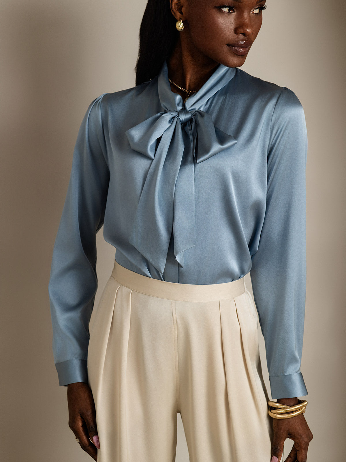 [Grayish Blue] SilkSilky-UK 19Momme Silk Long Sleeve Tie Neck Women's Shirt 003