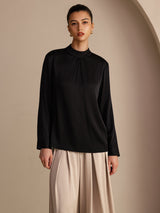 [Black] SilkSilky-UK Long Sleeve Stand Collar Women's Blouse 003