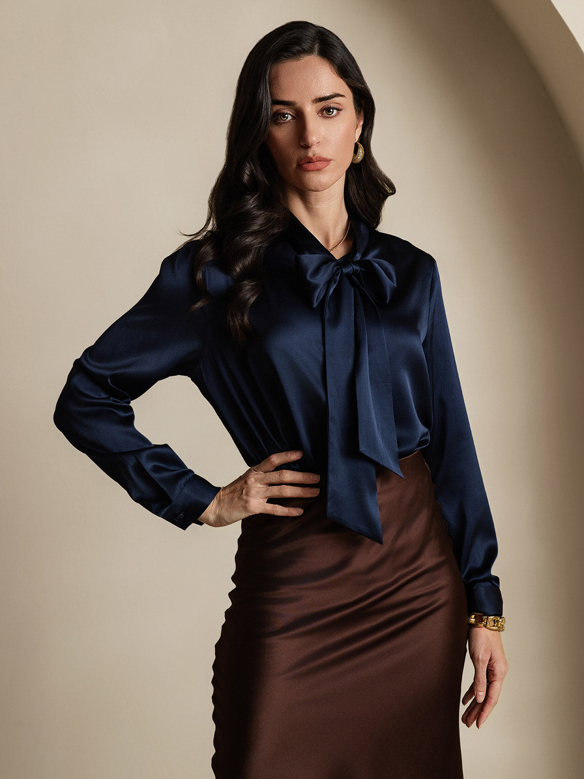 [Dark Blue] SilkSilky-UK 19Momme Silk Long Sleeve Tie Neck Women's Shirt 004