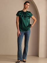 [Dark Green] SilkSilky-UK Short Sleeve Split Women's Blouse 006