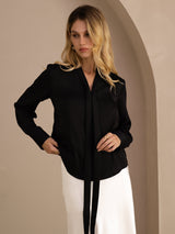 [Black] SilkSilky-UK Long Sleeve Tie Neck Women's Blouse 002