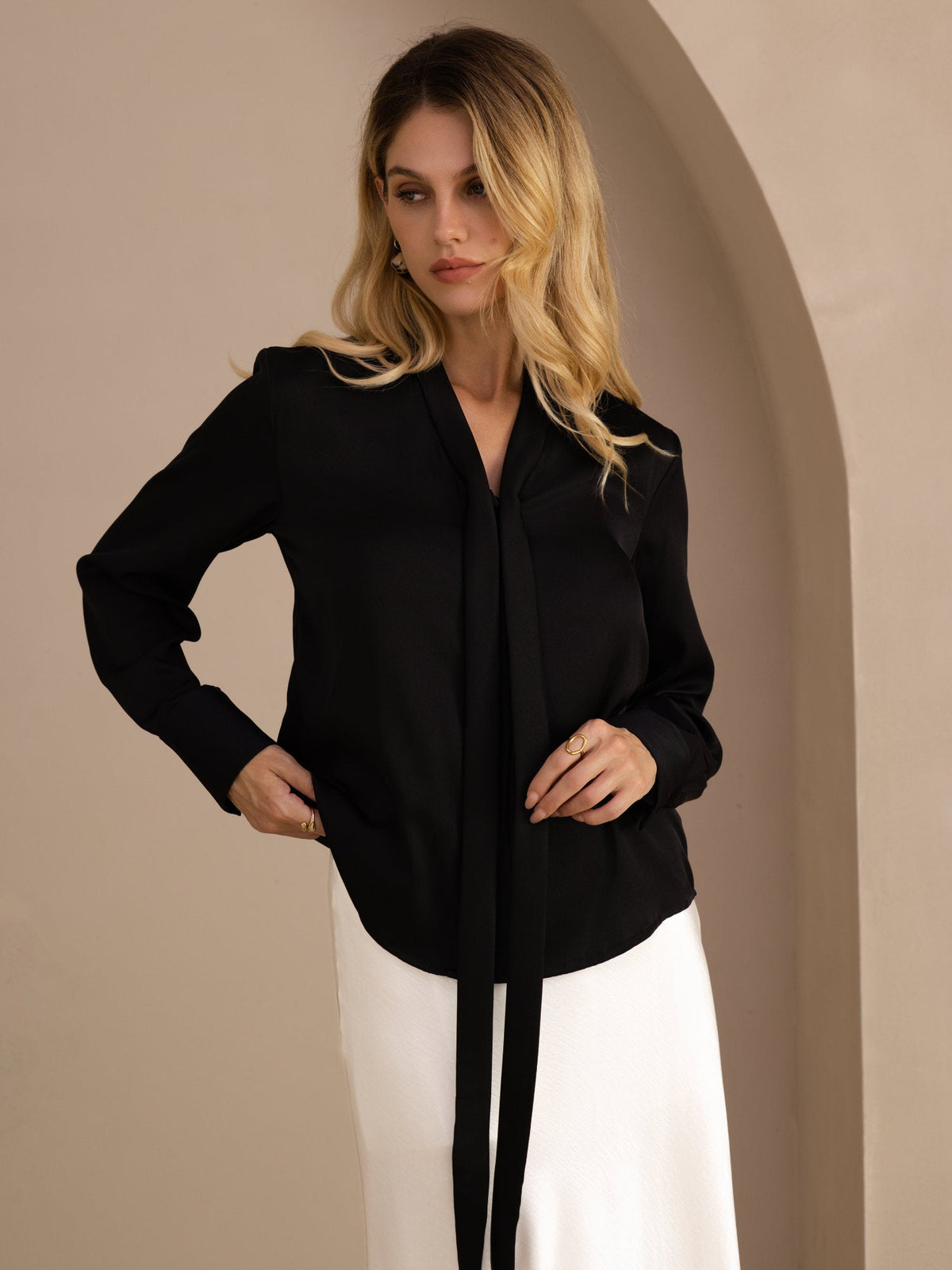 [Black] SilkSilky-UK Long Sleeve Tie Neck Women's Blouse 002
