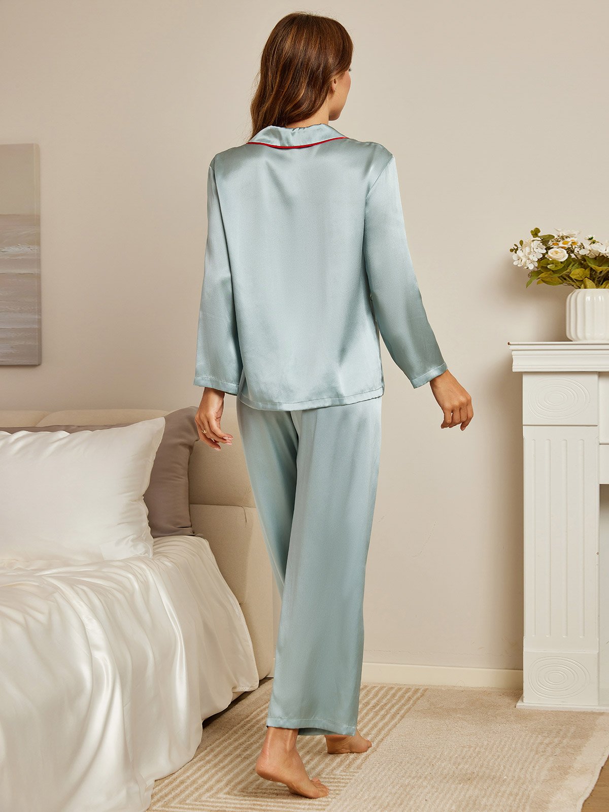 SilkSilky UK Pure Silk Long Sleeve Collar Women's Pyjamas LightBlue 002